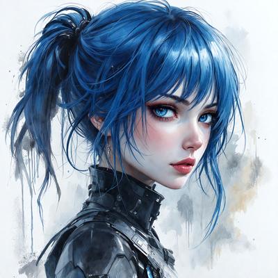 The primary subject of the image is a woman with blue hair, wearing a black outfit. She is looking at the camera with a pouty expression. The setting is a black and white background, which adds a dramatic and artistic touch to the scene. The visual style is a combination of digital art and illustration, creating a unique and captivating portrait. The colors and mood of the image are predominantly dark and moody, with the woman's blue hair and the black outfit contributing to the